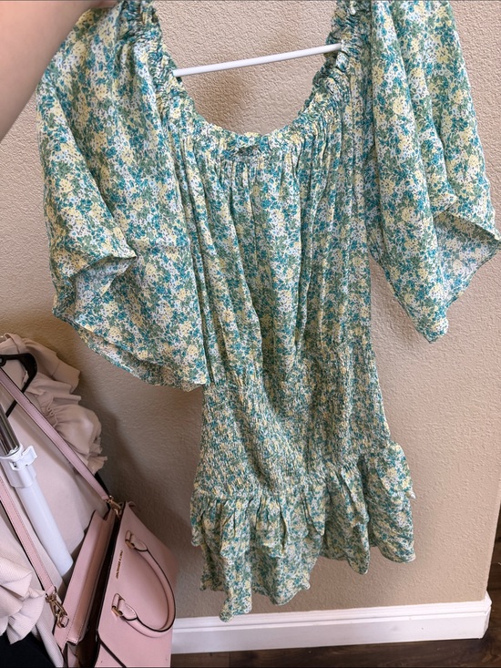 blue b Dresses & Skirts - Floral Off-Shoulder Mini Dress in Teal and Cream